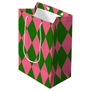 Pink Green Harlequin Checkered Design  Medium Gift Bag