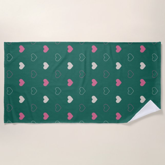 Pink & Green Heart Seamless Pattern Cute Minimal Beach Towel (Front)