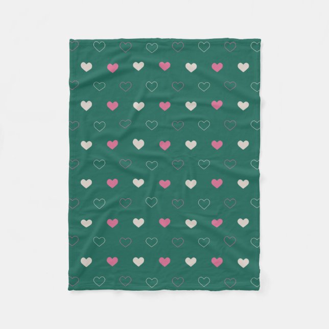 Pink & Green Heart Seamless Pattern Cute Minimal Fleece Blanket (Front)