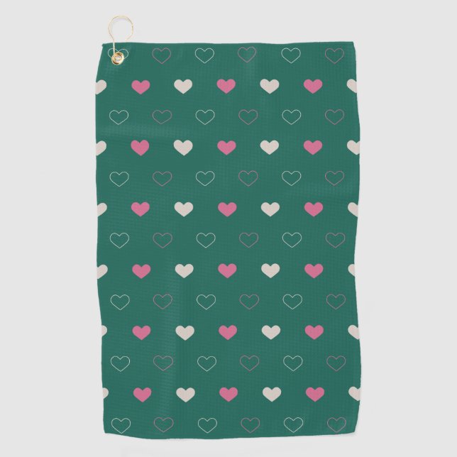 Pink & Green Heart Seamless Pattern Cute Minimal Golf Towel (Front)
