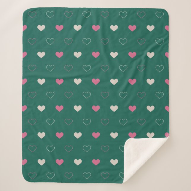 Pink & Green Heart Seamless Pattern Cute Minimal Sherpa Blanket (Front)