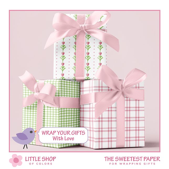 Pink Green Hearts Floral Plaid Valentines Day Wrapping Paper Sheet (Creator Uploaded)