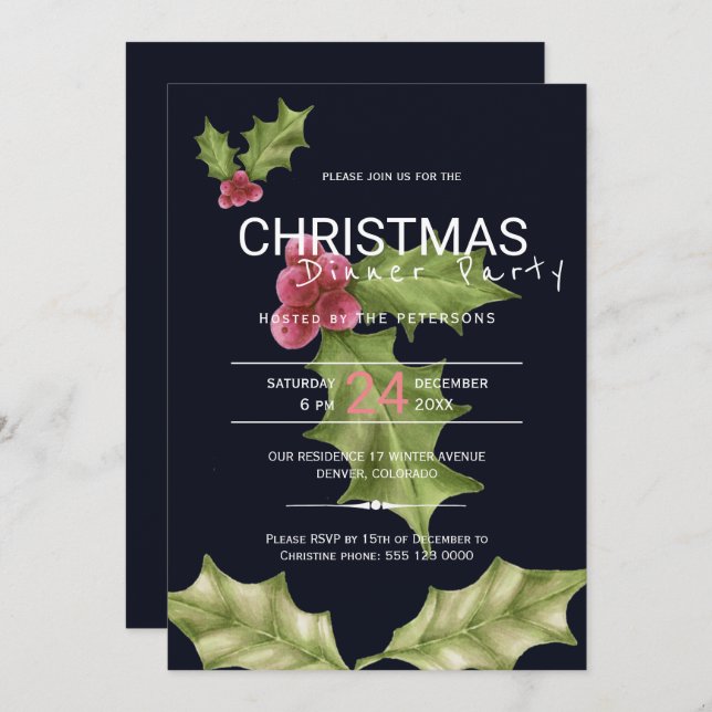 Pink green holly berries Christmas dinner party Invitation (Front/Back)
