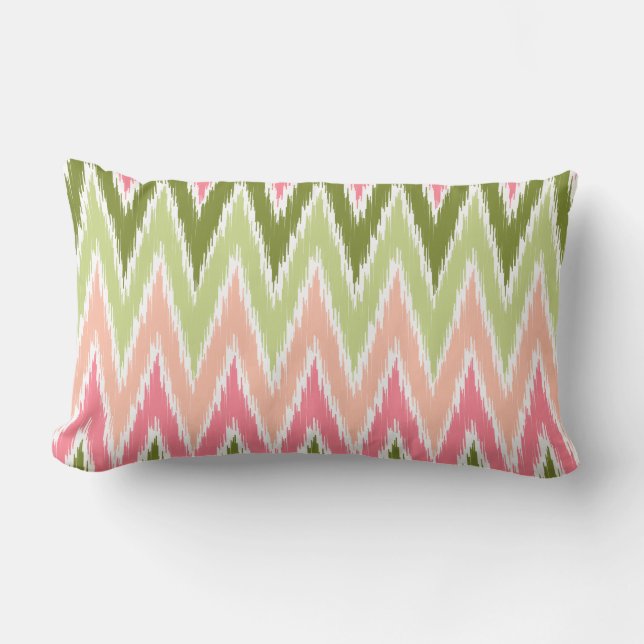 Pink Green Ikat Chevron Zig Zag Stripes Pattern Lumbar Cushion (Front)