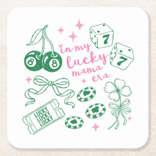 Pink & Green In My Lucky Mama Era St Patricks Day Square Paper Coaster