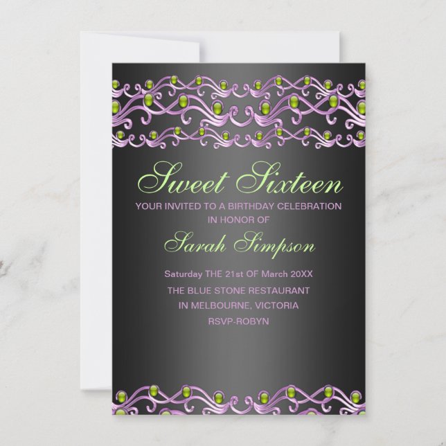 Pink/Green Jewel Swirl Sweet 16 Birthday Invite (Front)