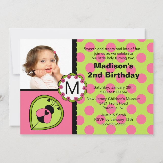 Pink & Green Ladybug Photo Birthday Invitation (Front)