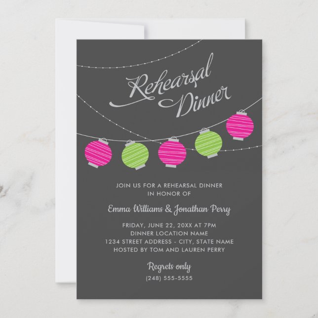 Pink Green Lantern Wedding Rehearsal Dinner Invitation (Front)