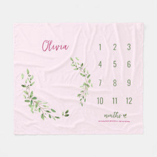 Pink Green Leaves Baby Girl Monthly Milestone  Fleece Blanket