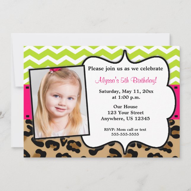 Pink Green Leopard Print Photo Invite (Front)
