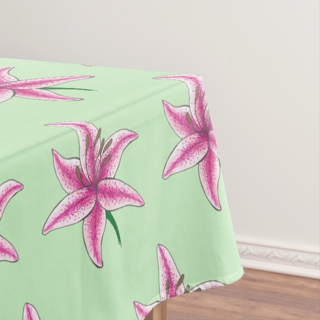 Pink Green Lily Flower Floral Garden Party Easter Tablecloth (In Situ)