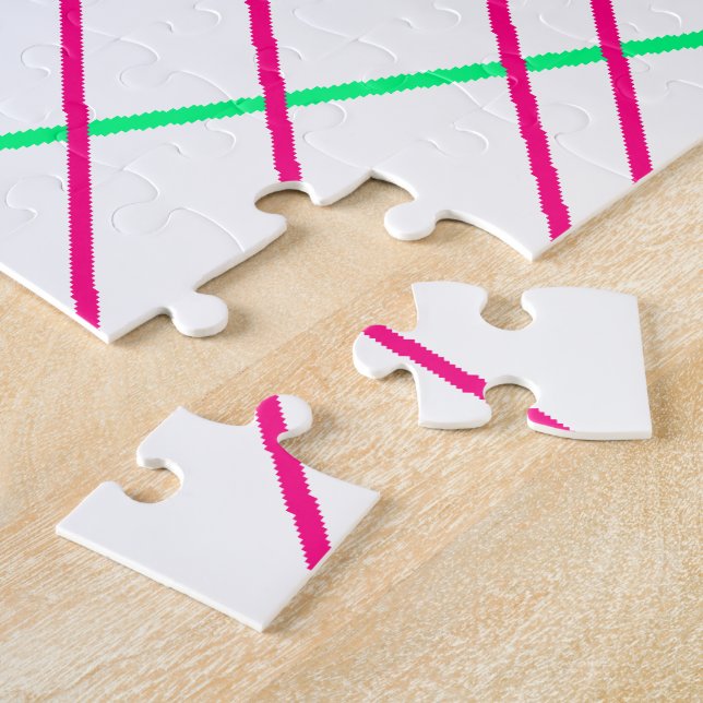 Pink Green Lines, Kids Art, Geometry Painting Jigsaw Puzzle (Side)