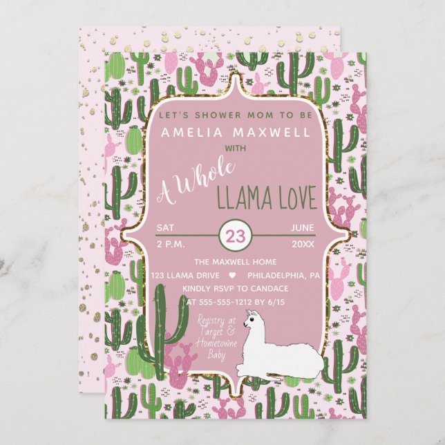 Pink | Green Llama Love Cactus Girl Baby Shower Invitation (Front/Back)