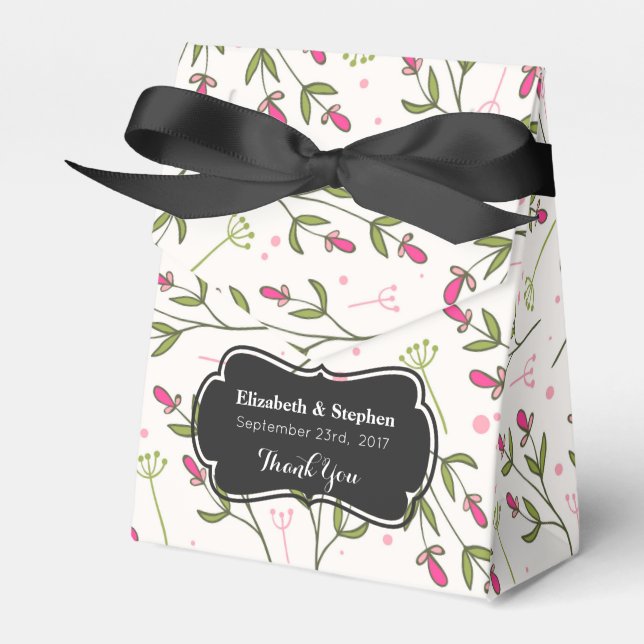 Pink & Green Long Stem Wildflower Wedding Thanks Favour Box (Front Side)