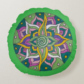Pink/Green Lotus Mandala Round Throw Pillow