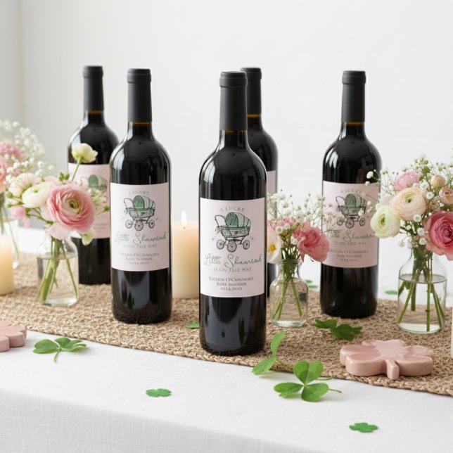 Pink Green Lucky Shamrock St Patricks Baby Shower Wine Label (Elegant Irish Baby Shower Pink Wine Bottle Label. Vintage Baby Carriage Drawing with Green Shamrocks)