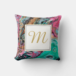 Pink & Green marble  monogram Cushion