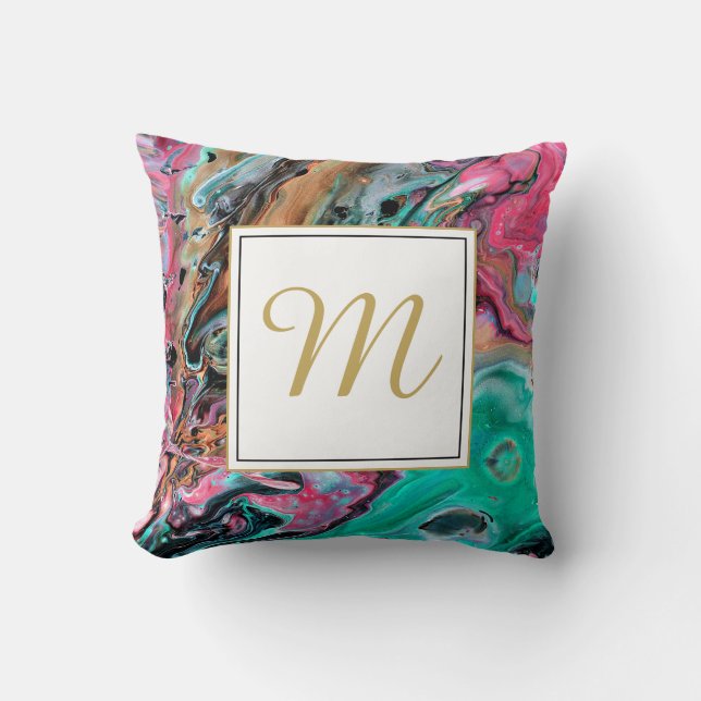 Pink & Green marble  monogram Cushion (Front)