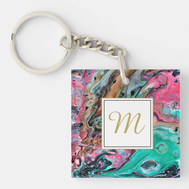 Pink & Green marble  monogram Key Ring (Front)