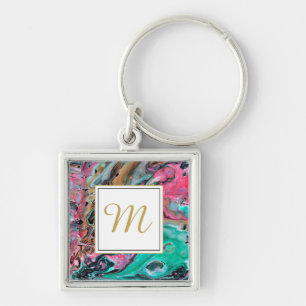 Pink & Green marble monogram Key Ring
