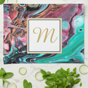 Pink & Green marble monogram Tea Towel
