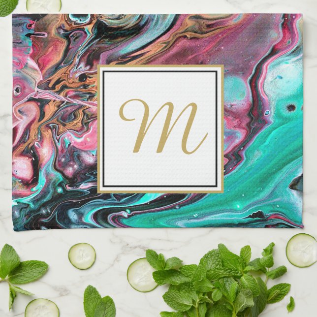 Pink & Green marble monogram Tea Towel (Folded)