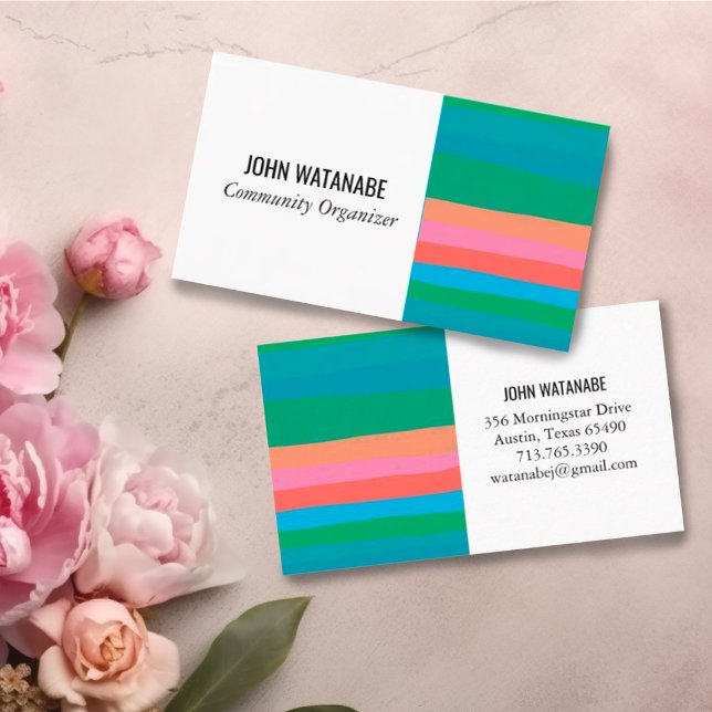 Pink Green Minimalist Stripes Handmade Business Card (Creator Uploaded)