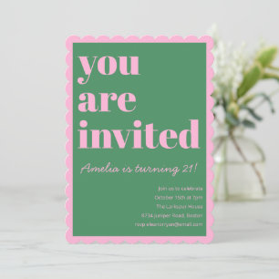 Pink Green Modern 21st Scalloped Birthday Party Invitation