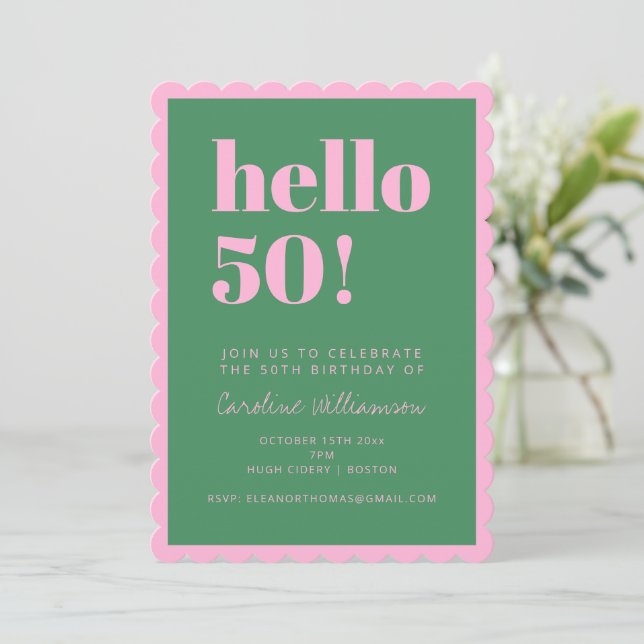 Pink Green Modern 50th Scalloped Birthday Party Invitation (Standing Front)