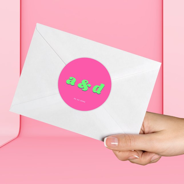 Pink & Green Monogram Engagement Party Wedding Classic Round Sticker (Creator Uploaded)