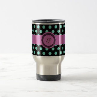 Pink green monogram polkadot black travel mug