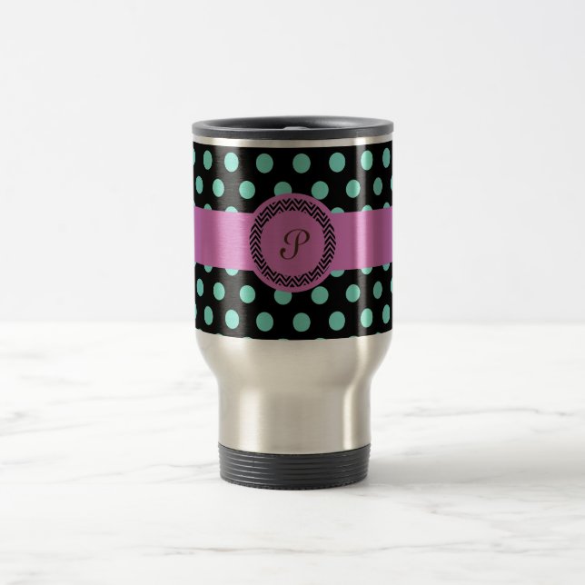 Pink green monogram polkadot black travel mug (Center)
