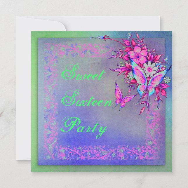 Pink Green Neon Grunge Butterfly Sweet 16 Birthday Invitation (Front)