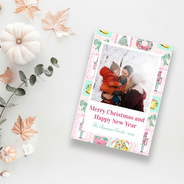 Pink & Green Nutcracker Custom Christmas Photo  Holiday Card (Pink & Green Nutcracker Custom Christmas Photo Holiday Card)