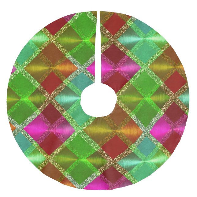 Pink Green Orange Glitter Plaid Design Brushed Polyester Tree Skirt (Front)