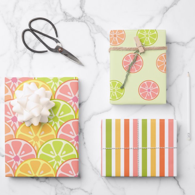 PINK GREEN ORANGE YELLOW FRUIT & STRIPES WRAPPING PAPER SHEET (Front)
