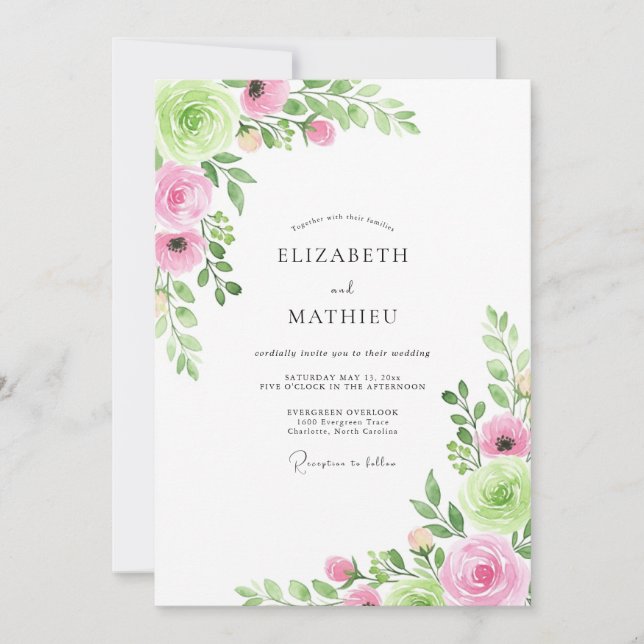 Pink Green Painterly Bloom Wedding Invitation (Front)
