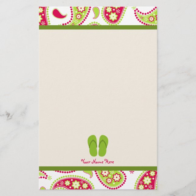 Pink & Green Paisley, Green Flip Flops Stationery (Front)
