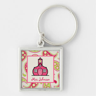 Pink & Green Paisley Schoolhouse Teacher Keychain