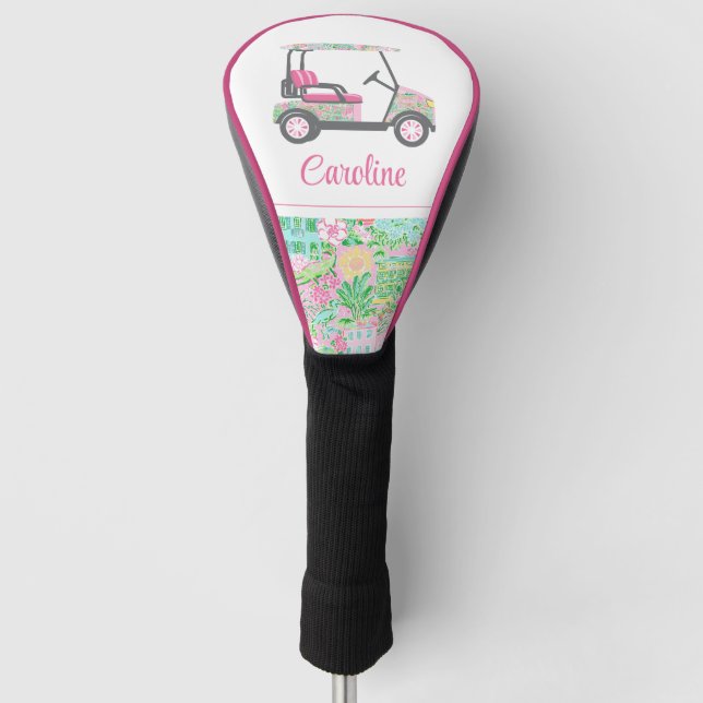 Pink & Green Palm Beach Golf Cart Personalised Golf Head Cover (Front)