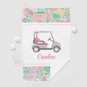 Pink & Green Palm Beach Golf Cart Personalised Golf Towel