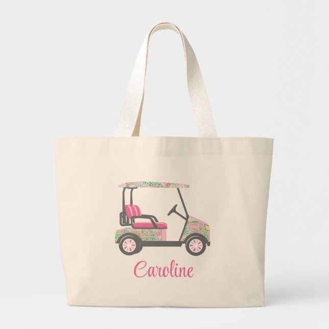 Pink & Green Palm Beach Golf Cart Personalised Large Tote Bag (Front)