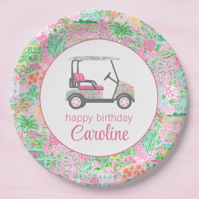 Pink & Green Palm Beach Golf Cart Personalised Paper Plate (Creator Uploaded)