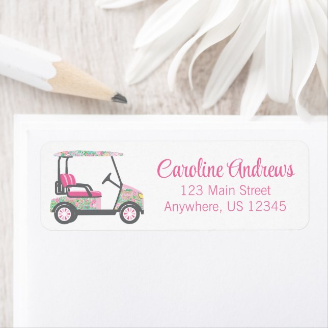 Pink & Green Palm Beach Golf Cart Personalised Return Address Label (Insitu)
