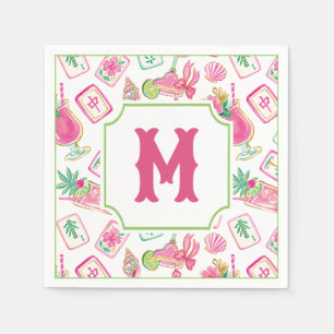 Pink & Green Palm Beach Mahjong & Mixers Monogram Napkin