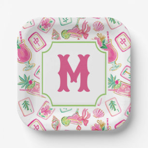 Pink & Green Palm Beach Mahjong & Mixers Monogram Paper Plate