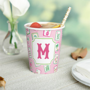 Pink & Green Palm Beach Mahjong Tiles Monogram Paper Cups