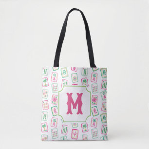 Pink & Green Palm Beach Mahjong Tiles Monogram Tote Bag