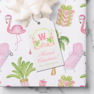 Pink & Green Palm Beach Nutcracker Monogram Crest Gift Tags