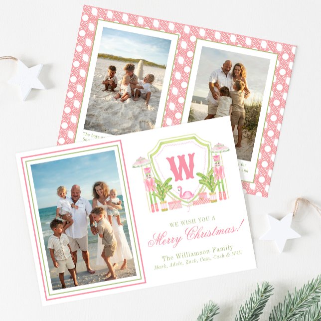 Pink & Green Palm Beach Nutcracker Monogram Crest Holiday Card (Creator Uploaded)